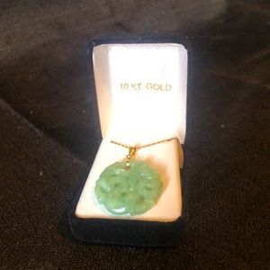 Jade Jadeite carved pendant 1” by 1” on 10 k gold Italian chain